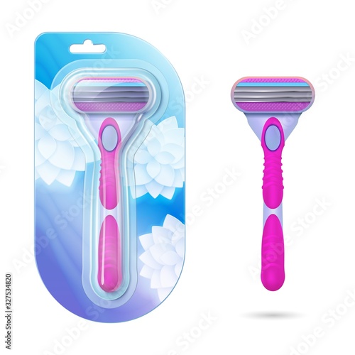 Woman shaving razor. Realistic pink razors in pack and isolated on white background. Female hygiene shavers vector illustration. Razor personal female, hair cut and removal