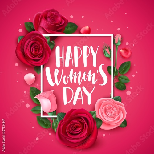 8 march card with rose. Congratulations international womens day floral greeting card, trendy frame flowers and petals banner vector template. Congratulation bouquet flower card rose illustration