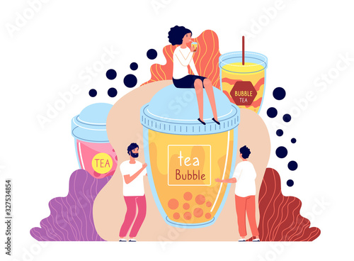 Bubble milk tea. Summer asian drinks. Male, female holding boba beverage. Flying tapioca balls, smoothie or ice taiwan shake vector concept. Illustration beverage delicious tea, tapioca cocktail