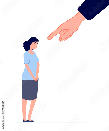 Victim blaming. Female fear, hand pointing to disgraced woman. Shame or anxiety, sad depressed crying girl. Bullying attack vector concept. Sad and depressed victim, shame woman illustration
