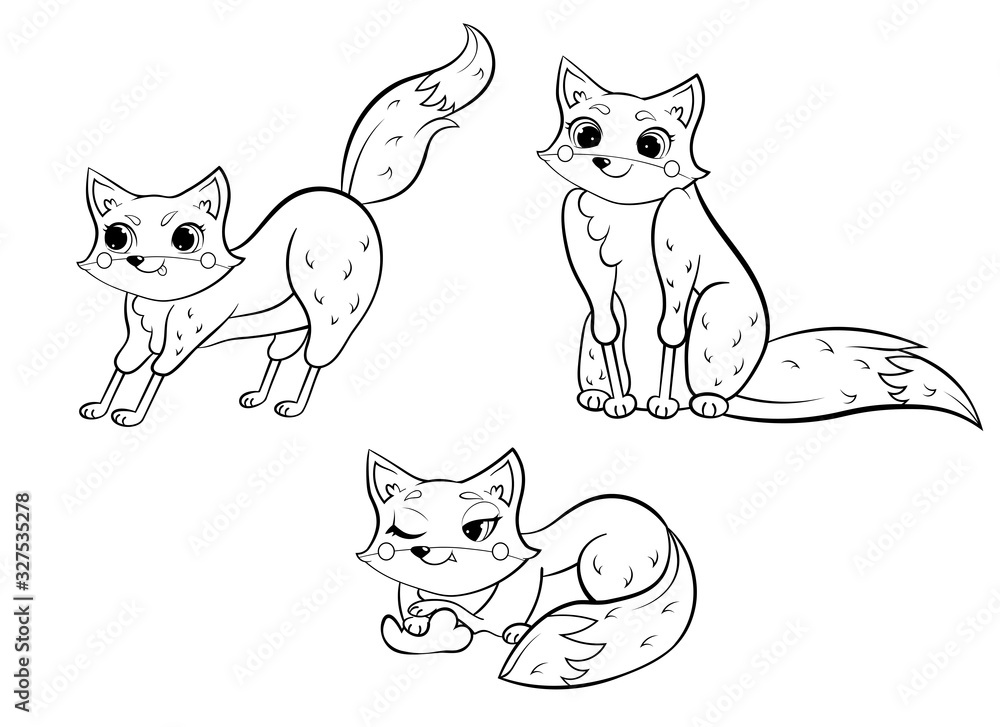 Coloring page outline of cute cartoon wild fox. Fox in different postures. Vector set of sitting, lying and hunting fox. Coloring book of forest animals for kids. Isolated on white background Coloring page outline of cute cartoon wild fox. Fox in different postures. Vector set of sitting, lying and hunting fox. Coloring book of forest animals for kids. Isolated on white background