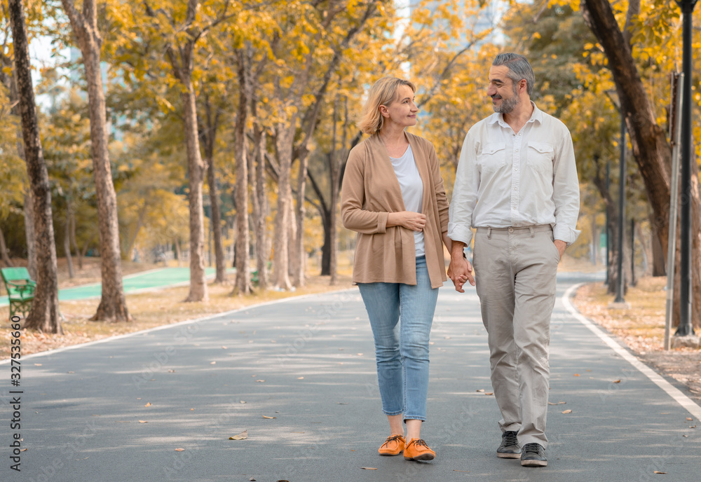 Couple seniors in love holding hands on walking in the park.Senoir retirement relax concept