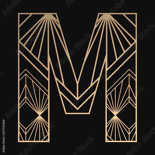 Laser cutting letter M. Art deco vector design. Plywood lasercut gift. Pattern for printing, engraving, paper cut. Luxury royal design.