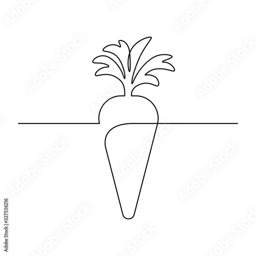 Simple carrot design in continuous line art drawing style. Growing carrot plant minimalist black linear sketch isolated on white background. Vector illustration