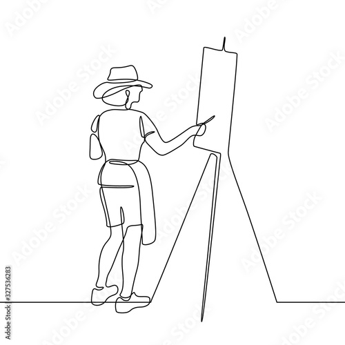 Painter in continuous line art drawing style. Artist painting picture black linear sketch isolated on white background. Vector illustration