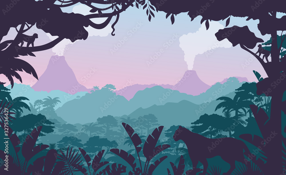 Tropical jungle flat vector illustration. Beautiful evening forest landscape, exotic flora and fauna. African rainforest view with wild cat silhouette and smoking volcanos on background. Tropical jungle flat vector illustration. Beautiful evening forest landscape, exotic flora and fauna. African rainforest view with wild cat silhouette and smoking volcanos on background.