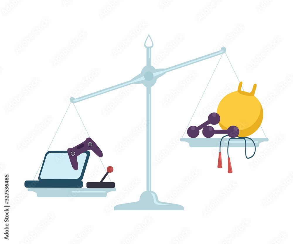 Computer Game Equipment is on One Side of Scales, Sports Equipment on the Other, Bad and Good Habits, Choosing Between Healthy and Unhealthy Lifestyle Flat Vector Illustration Computer Game Equipment is on One Side of Scales, Sports Equipment on the Other, Bad and Good Habits, Choosing Between Healthy and Unhealthy Lifestyle Flat Vector Illustration