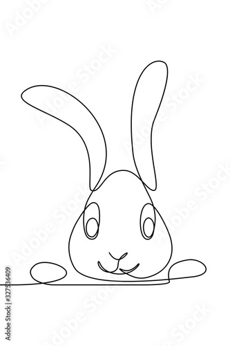 Cute cartoon rabbit head peeking out. Continuous line art drawing style. Easter bunny black linear sketch isolated on white background. Vector illustration