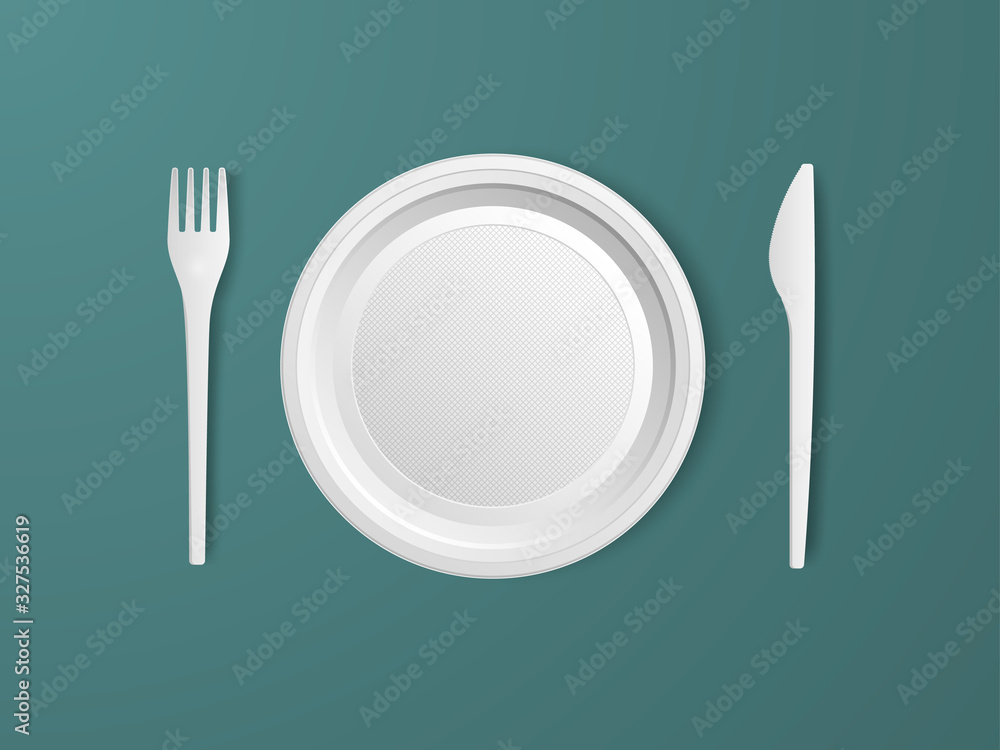 Plate, fork and knife. Set of realistic plastic disposable tableware. Vector illustration. Plate, fork and knife. Set of realistic plastic disposable tableware. Vector illustration.