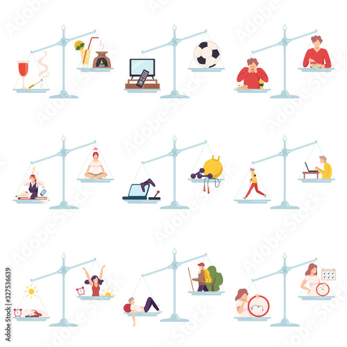 Collection of Scales with Bad and Good Habits, Choosing Between Healthy and Unhealthy Lifestyle Flat Vector Illustration