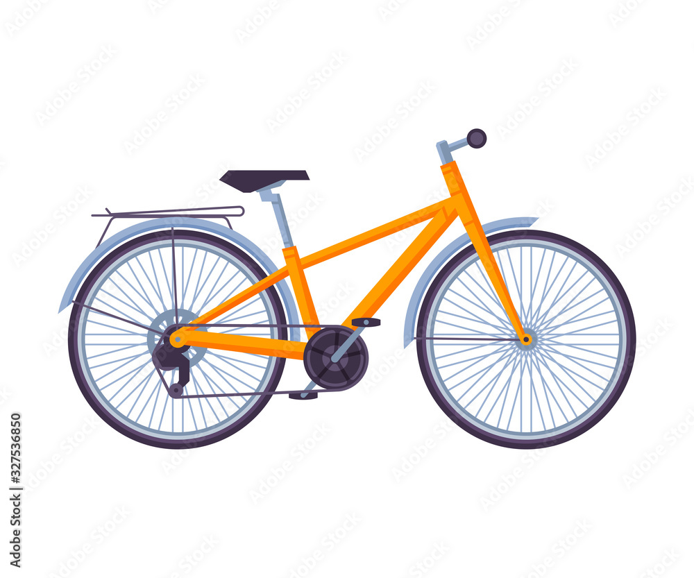 Road Bicycle, Ecological Sport Transport, Orange Bike Side View Flat Vector Illustration