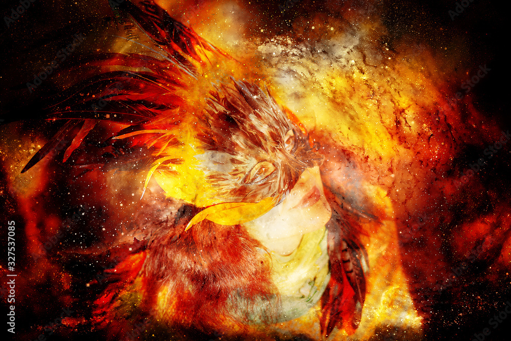 Young woman with a colorful feather face mask on abstract structured space background. Young woman with a colorful feather face mask on abstract structured space background.