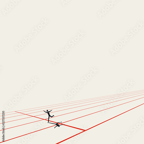 Business success and winner vector cartoon concept with businessman or entrepreneur crossing finish line.