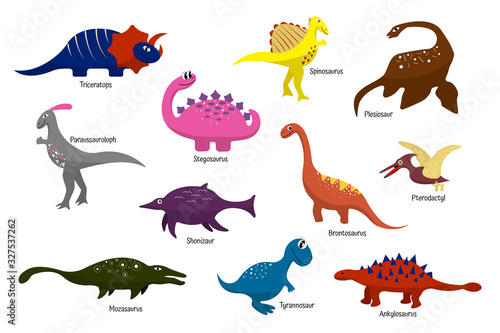 Cartoon multicolored dinosaurs with names. For children  wallpaper  decor  textiles  stickers  clothes  bedding  gift wrapping
