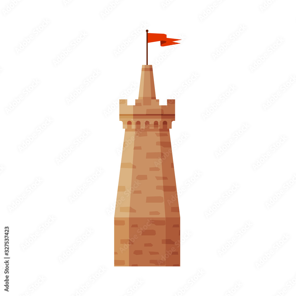 Castle Tower with Flag, Part of Medieval Ancient Stone Fortress Vector Illustration