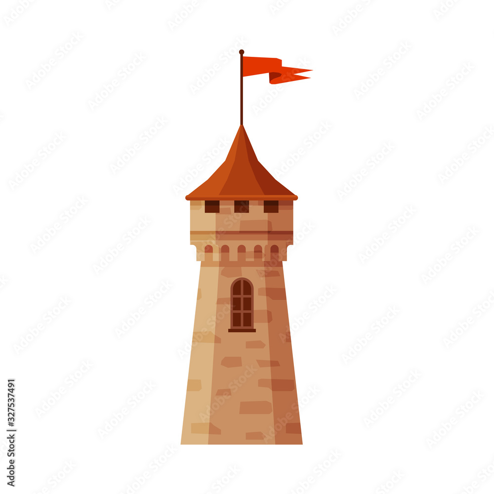 Castle Tower with Flag, Part of Medieval Ancient Fortress Vector Illustration Castle Tower with Flag, Part of Medieval Ancient Fortress Vector Illustration