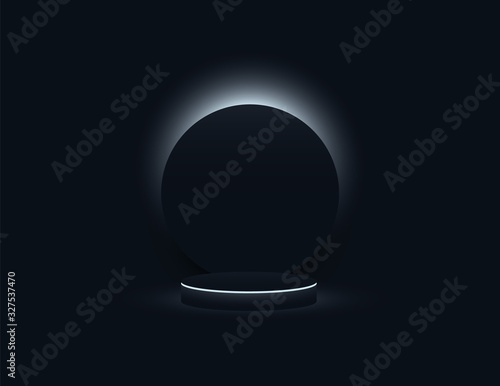 Product presentation vector template with minimal black art style. 3d stage or platform with luminated backdrop.