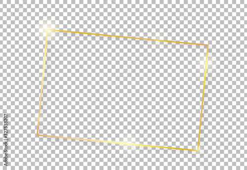Gold shiny glowing vintage frame with shadows isolated on transparent background. Golden luxury realistic rectangle border. Vector