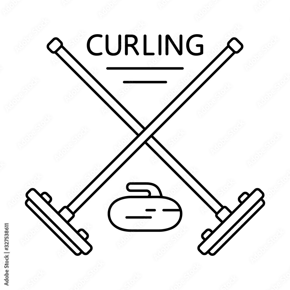 Curling poster. Two crossed brooms, stone and text. Linear icons of winter sport game. Black simple illustration. Contour isolated vector on white background Curling poster. Two crossed brooms, stone and text. Linear icons of winter sport game. Black simple illustration. Contour isolated vector on white background