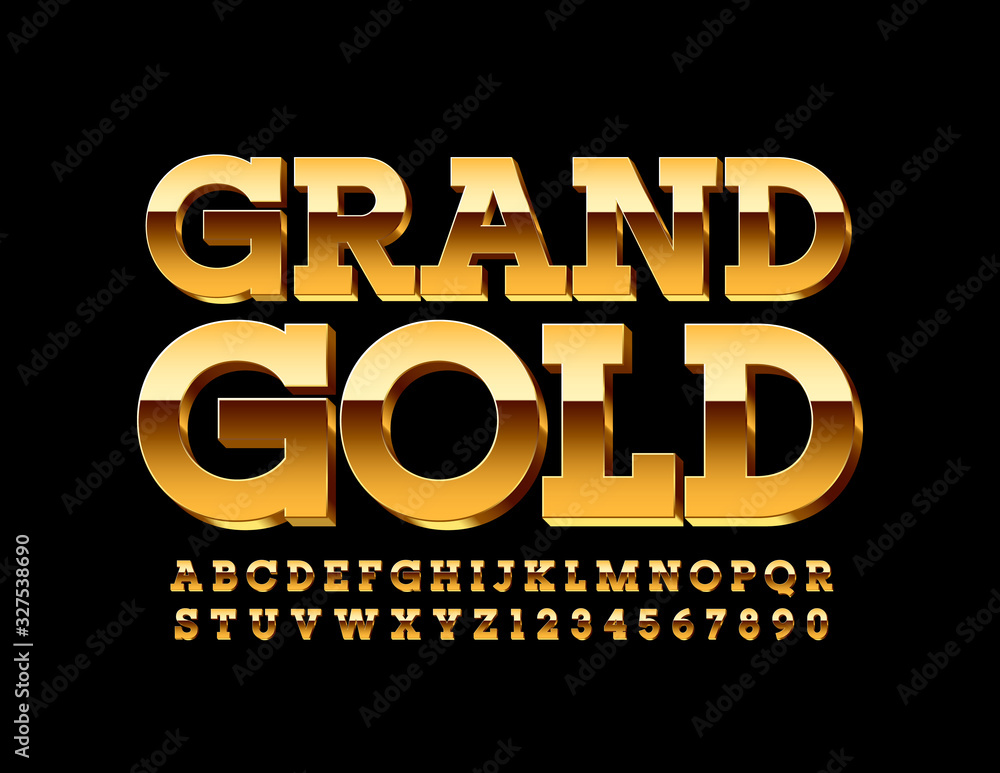 Luxury Grand Gold Font. Chic 3D Alphabet Letters and Numbers.