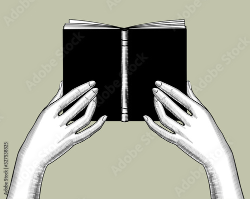 Engraved drawing of Female hands flipping through the pages of a book