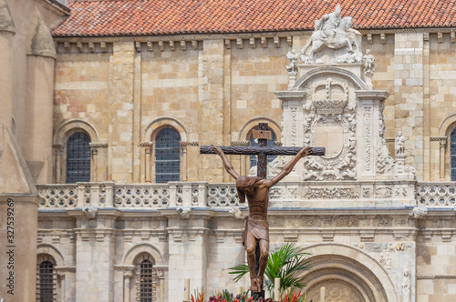 Leon, Spain. 4/19/2019. Pass in the Holy Week of Leon known as Santisimo Cristo de la Agonia, that leaves on Holy Friday. It is in the Square of San Isidoro photo