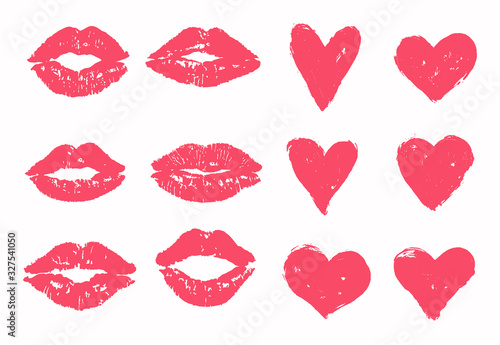 Trace of kiss set, heart vector pack. Pink, red hearts and lipstick imprint kisses. Valentine's day print, symbol, design, template.