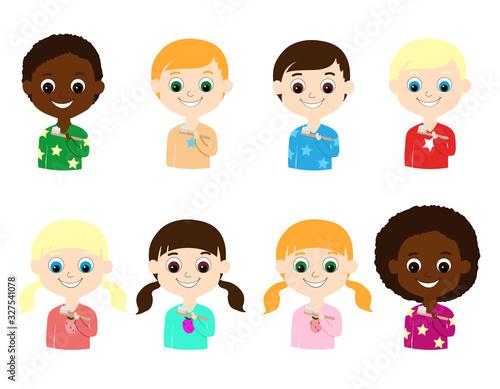 Children boys and girls brush their teeth with a natural material toothbrush. African-American with curly hair, a European-American or Europeans with blond, red and brown hair in a cartoon style.
