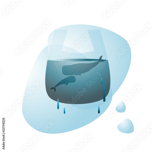 Whale with a cub in a plastic bag. The problem of pollution of the environment and the ocean, the suffering of marine animals from waste. Zero West