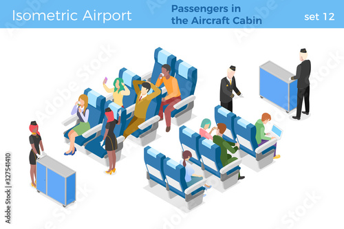 Stewardesses serve passengers on airplane in Aircraft Cabin People travel fly by plane isomatric vector illustration