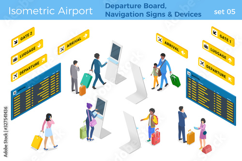 Airport Departure Board Navigation Signs and People near Devices isometric vector illustration set