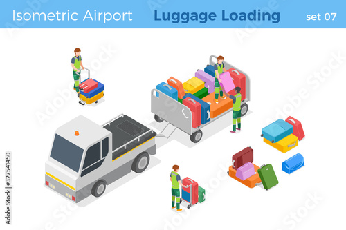 Airport Staff  Loading Luggage to Trailer Utility Transport isometric vector illustration