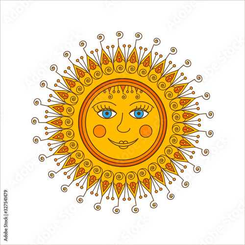 Sun, ornamental doodle vector illustration isolated on white backgrounds. Russian symbol holiday spring Shrovetide.
