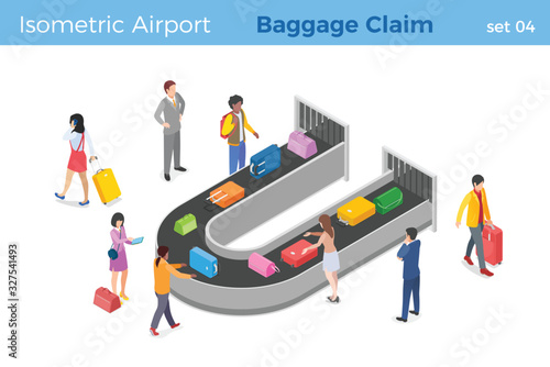 People pick up luggage in Airport Baggage Claim area from Conveyor Belt isometric vector illustration
