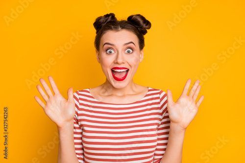 Close-up portrait of her she nice-looking attractive lovely charming amazed cheerful cheery girl black Friday reaction isolated over bright vivid shine vibrant yellow color background