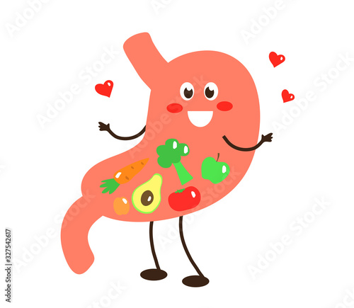 Happy stomach and vegetables on a white background. Vector illustration.