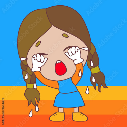 emoticon with a crying chibi girl, from the eyes of which tears sprinkle, vector color clip art