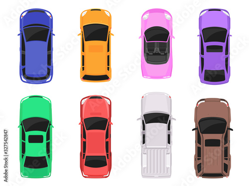 Cars top view isolated on white background. Vector cars icon set