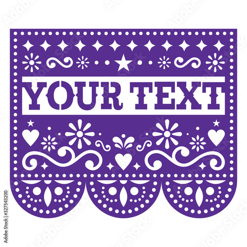 Papel Picado vector template design with sample text, purple Mexican paper cut out decoration with flowers and geometric shapes - greeting card or invitation   