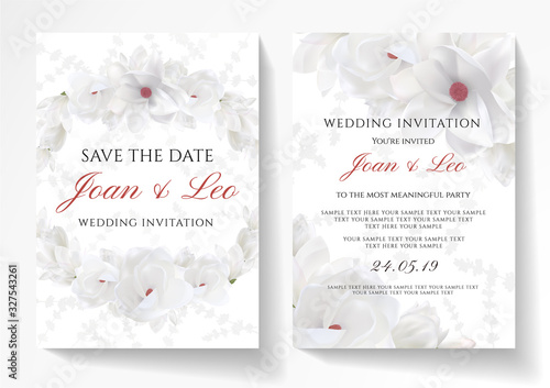 Wedding invitation design with magnolia flower wreath on white background. Vector template useful for Save the date card, 8 March greeting, anniversary invite, funeral thank you card