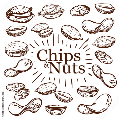 hand drawn nuts and fried potato chips collection isolated on white background. snack set in engraved vintage style. Sketch illustration of beer appetizer. peanuts, pistachio and potato crisps doodles