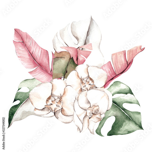 Tropical bouquet with watercolor exotic flowers, palm leaves, monsera, isolated on white background photo