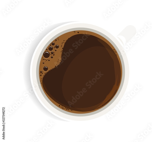 Black coffee in white cup top view realistic illustration. Strong coffee without milk isolated on white background. Fresh espresso, americano hot beverage. Invigorating morning drink.
