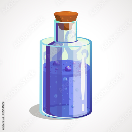 Cartoon small bottle with blue potion. Vector illustration.