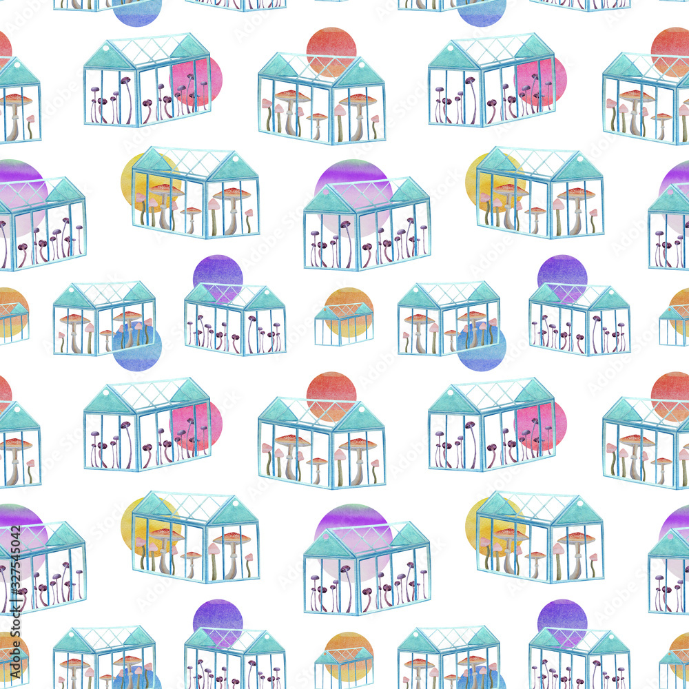 Watercolor seamless pattern with greenhouses with mushrooms and spots of paint on a white background. Garden print with houses and abstract sun. Design for spring and summer season. Mushrooms in the g
