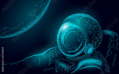 3D low poly astronaut in space. Outer space travel Moon exploration concept. Cosmos planet man floating. Safety helmet spaceman polygonal technology isolated vector illustration