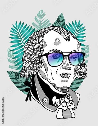 James Madison sculpture. Hipster portrait with glasses and tropical leaves.