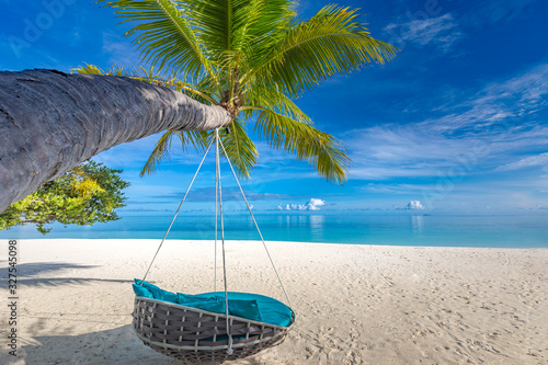 Luxury beach. Luxury travel background. Summer vacation or holiday concept on tropical beach, palm tree and an amazing swing over white sand with sea view.
