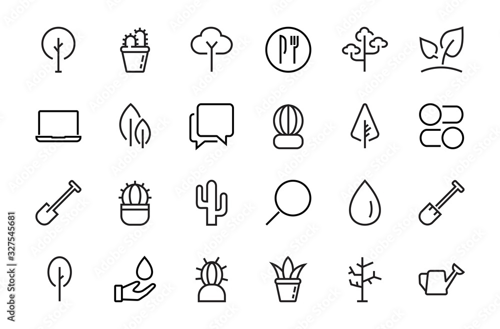 A set of Rosteniya Icons, and garden care, Vector illustration, Contains Icons such as tree, cactus, watering can, spade, flower and much more. on a white background, editable bar 480x480 A set of Rosteniya Icons, and garden care, Vector illustration, Contains Icons such as tree, cactus, watering can, spade, flower and much more. on a white background, editable bar 480x480