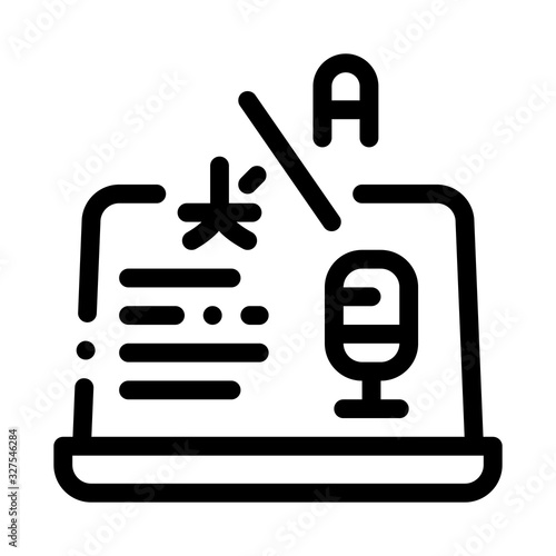 Laptop Translation Program Icon Thin Line Vector. Microphone On Laptop Display, Internet Interpreter Technology Concept Linear Pictogram. Monochrome Outline Sign Isolated Contour Symbol Illustration
